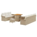  10-delt hagesofa-sett med puter i beige poly-rattan og akasietre