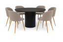 Bark Kopparbo Rundt Spisebord 130 cm med 6 Greya Spisestoler med armlener   Svart tre / Greige Bouclé / Metallben Eik