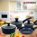 Herzberg HG 04685BLU: 7 deler marmorbelagt støpejern kokekarsett   blå