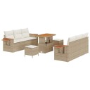 9-delt hagesofa-sett med beige puter i polyrotting og akasie