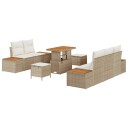  8-delt hagesofa med puter i beige poly rattan og akacia
