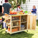 Grillvogn 6-lags serveringsvogn med arbeidsflate håndklestativ, BBQ grillbord av tre, grillsidebord, utendørs vogn, kullgrill fo