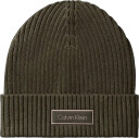 Calvin Klein Patch Chunky Rib Cotton Beanie   Khaki green   ONE SIZE