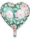 Grønn Hjerteformet Folieballong med Blomstermotiv 35 cm