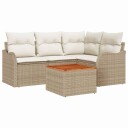  5-dels hagesofa-sett med puter i beige poly rattan og akasie