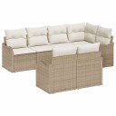  7-delt hagesofa med puter i beige poly-rattan