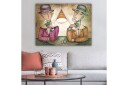 Lerretsbilde 70x100 cm To menn som spiller kort under en lampe med sigaretter i munnen og et konsentrert uttrykk Lilla / Grønn / Beige