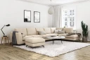Ocean Lyx 6 seters Høyrevendt U formet Sofa med Divan og Sjeselong + Fotskammel i Fløyel   Beige