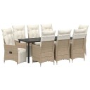  9-delt hage spisesett med puter i beige poly rattan.