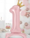 Partydeco Lys Rosa Stående '1' Folieballong med Krone 84 cm