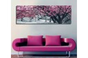 Lerretsbilde 80x30 cm Blomstrende kirsebærtrær i svart hvitt landskap Rosa / Svart