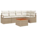  6-delt hagesofa-sett med puter i beige poly rattan og akasie