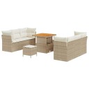 9-delt hagesofa med puter i beige poly rattan og akasia.