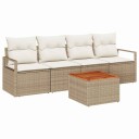  5-delt hagesofa-sett med puter i beige polyrotting og akacia.
