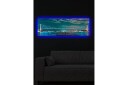 Lerretsbilde med LED belysning 30x90 cm Bro over et rolig vann med bylys i bakgrunnen Mørk blå / Turkis / Lys grønn