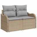  2-seters hagesofa med oppbevaring og puter i beige polyrotting