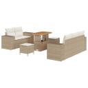  8-delt hagesofa sett med puter i beige poly rattan og akasietre