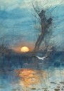 Sunset Over The Pond With Storks Plakat Plakat / 70x100cm