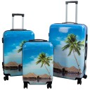 Borg Living Koffertsett - 3 stk. - Koffert med motiv - Strand og palmer - Hardcase lettvektskoffert med 4 hjul