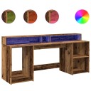  Skrivebord med LED-lys gammelt tre 200x55x91 cm konstruert tre
