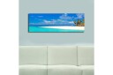 Lerretsbilde med LED belysning 30x90 cm Paradisstrand med turkis vann og palmer Turkis / Blå / Grønn