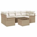  7-delt hagesofa-sett med puter i beige polyrotan