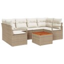  7-delt hagesofaset med puter i beige poly rattan og akasie