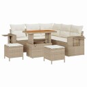  8-delt hagesofa sett med puter i beige poly rattan og akasie