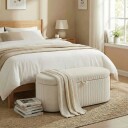 Oppbevaringsbenk med fotskammel – trekk i kord beige 105 cm