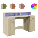  Skrivebord med LED-lys sonoma eik 140x55x91 cm konstruert tre
