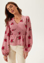 Bubbleroom V-Neck Smock Blouse Pink 34
