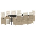  9 Delt Hage Spisegruppe med Puter Beige Poly Rattan