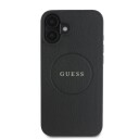 GUESS Mobildeksel til iPhone 16 med Grained Gold Ring og MagSafe - Svart
