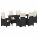7-delt Hage Spisebord med Puter Svart Poly Rattan