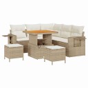  8-delt hagesofa sett med puter i beige poly rattan og akasie