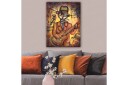 Lerretsbilde 70x100 cm Kattekledd musiker spiller gitar med en fugl på skulderen i et urbant miljø Brun / Oransje / Beige