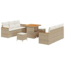  9-delt hagesofa-sett med beige puter i poly-rattan og akasie
