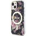Guess iPhone 14 Hardt Deksel med MagSafe - Svart Blomsterdesign