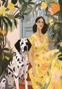Lady in Yellow with Dalmatian floral summer portrait Print Plakat Plakat / 50x70cm