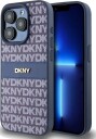 DKNY lærveske med ensfarget stripe og metalllogo til iPhone 15 Pro - blå