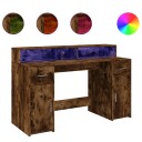  Skrivebord med LED-lys røkt eik 140x55x91 cm konstruert tre