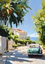 Green Car Coastal Drive Plakat / 21x30
