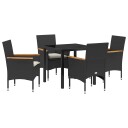 5 Delt Hage Spisebordsett med Puter i Svart Poly Rattan