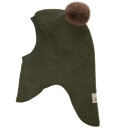 Huttelihut Balaclava Wool Alpaca Pompoms   Khaki green   2 4Y