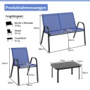 4 delt terrassesett – metallramme blått stoff glassbord