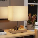 Nattbordslampe med USB porter – Tre og stoff hvit