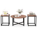 Sett med 3 salongbord med robust metallramme rundt salongbord og 2 firkantede sidebord brune