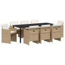  9 deler hage spisegruppe med puter i beige poly rattan
