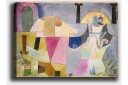 Lerretsbilde 70x100 cm Abstrakt komposisjon med geometriske former og myke farger som skaper en drømmeaktig atmosfære Rosa / Gul / Grønn