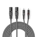 Nedis 3 m Balansert Lydkabel med 2x XLR Han og 2x RCA Han - Mørk Grå